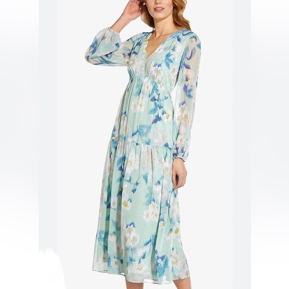 Adrianna Papell Mint Floral V-Neck Long Sleeve Midi Dress